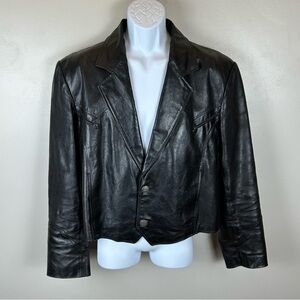 Vintage Pioneer Wear Black Leather Yoked Jacket Mens Medium Button Front Pockets